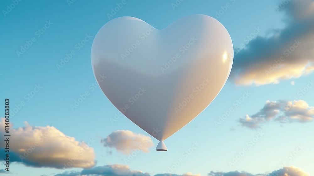 Fototapeta premium White Heart-Shaped Balloon Floating Against a Blue Sky with Fluffy Clouds