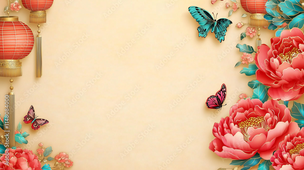 Delicate paper-cut flowers and lanterns adorn a pastel Chinese New Year background. A golden dragon soars above, surrounded by colorful butterflies. Perfect for festive designs and celebrations. Delicate paper-cut flowers and lanterns adorn a pastel Chinese New Year background. A golden dragon soars above, surrounded by colorful butterflies. Perfect for festive designs and celebrations.