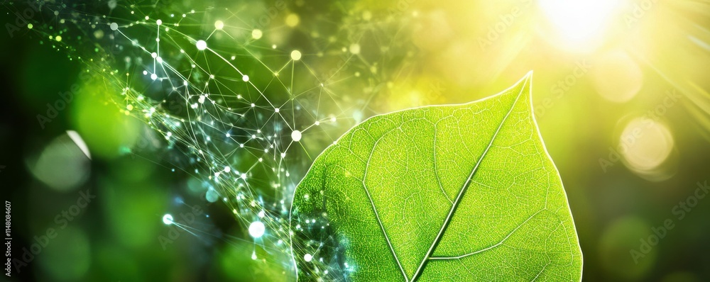 Fototapeta premium Natures photosynthesis and quantum biology are represented in a green leaf