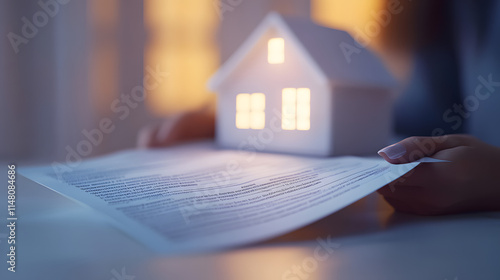 Modelo de casa en una mesa para mostrar bienes raíces o conceptos de mejora del hogar Concepto firma de contratos compra venta y hipotecas