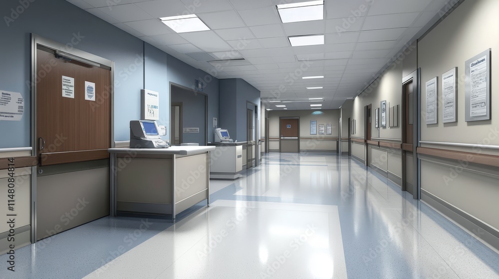 A clean hospital corridor with reception areas and informational posters on the walls. A clean hospital corridor with reception areas and informational posters on the walls.