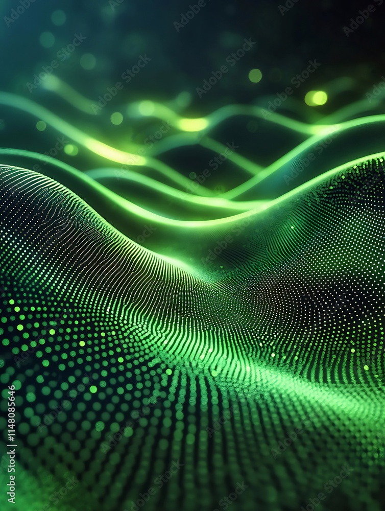 Abstract green wave background with glowing particles. Abstract green wave background with glowing particles.