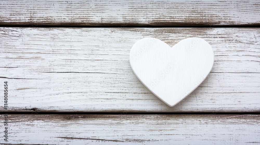 White Wooden Heart on Rustic Wooden Background for Romantic or Wedding Themes White Wooden Heart on Rustic Wooden Background for Romantic or Wedding Themes