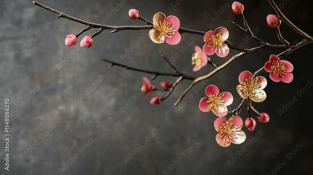 A branch with pink flowers is shown against a dark background. The flowers are delicate and seem to be in full bloom. Concept of beauty and tranquility A branch with pink flowers is shown against a dark background. The flowers are delicate and seem to be in full bloom. Concept of beauty and tranquility