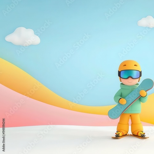 A 3D clipart of a snowboarder holding a snowboard, standing on the right side of the image, with a randomly colored background4K cartoon animation photo