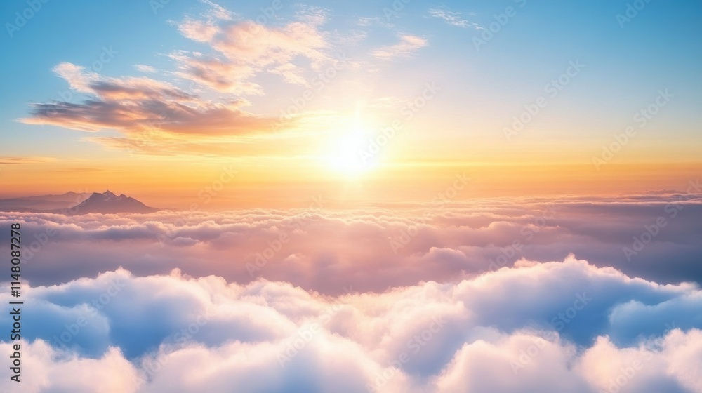 Sunrise Over Clouds with Majestic Mountains, Blue Sky, and Warm Light - Awe-Inspiring Nature Scenery Sunrise Over Clouds with Majestic Mountains, Blue Sky, and Warm Light - Awe-Inspiring Nature Scenery