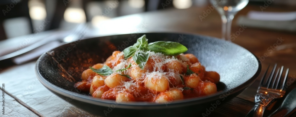 Italian Classic Gnocchi alla Sorrentina with Mozzarella, Basil, and Tomato Sauce - Traditional Pasta Dish for Authentic Italian Cuisine Italian Classic Gnocchi alla Sorrentina with Mozzarella, Basil, and Tomato Sauce - Traditional Pasta Dish for Authentic Italian Cuisine