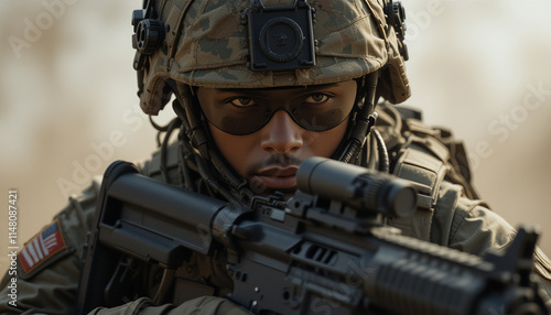 portrait photo of American armed soldiers in the war arena photo