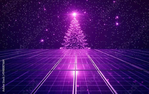 Solar panels with a sparkling holiday tree in front, set against a deep purple background with glowing accents photo