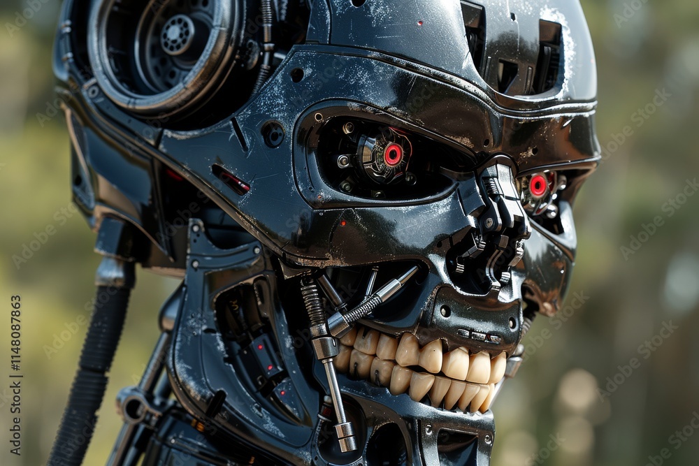 Obraz premium Robotic humanoid with detailed mechanical features and striking red eyes in an outdoor setting