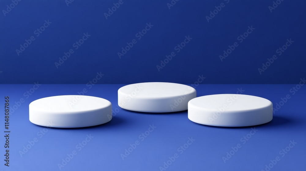 Three white circular objects arranged on a blue surface, emphasizing simplicity and design. Three white circular objects arranged on a blue surface, emphasizing simplicity and design.