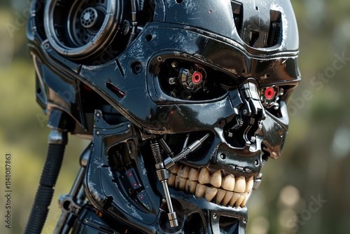 Robotic humanoid with detailed mechanical features and striking red eyes in an outdoor setting photo