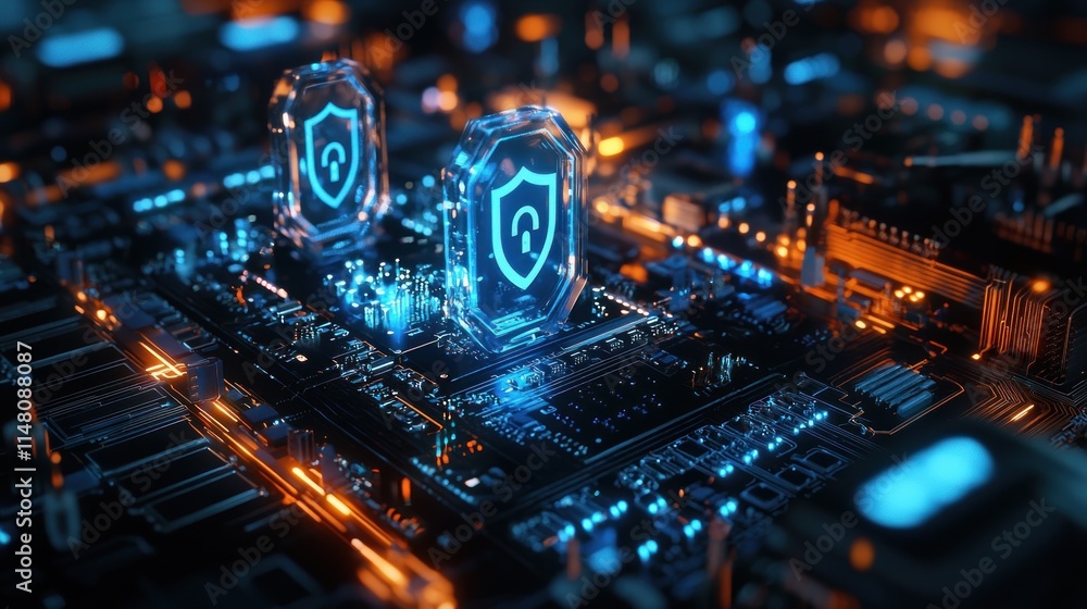 Cybersecurity Shield: Digital Protection on Circuit Board Cybersecurity Shield: Digital Protection on Circuit Board