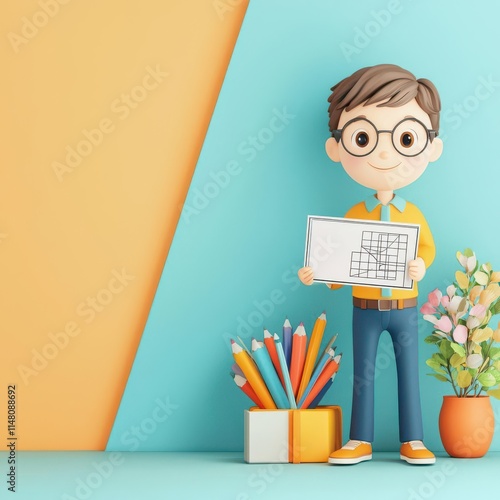 A 3D clipart of a web designer holding a wireframe, standing on the right side of the image, with a randomly colored background4K cartoon animation photo