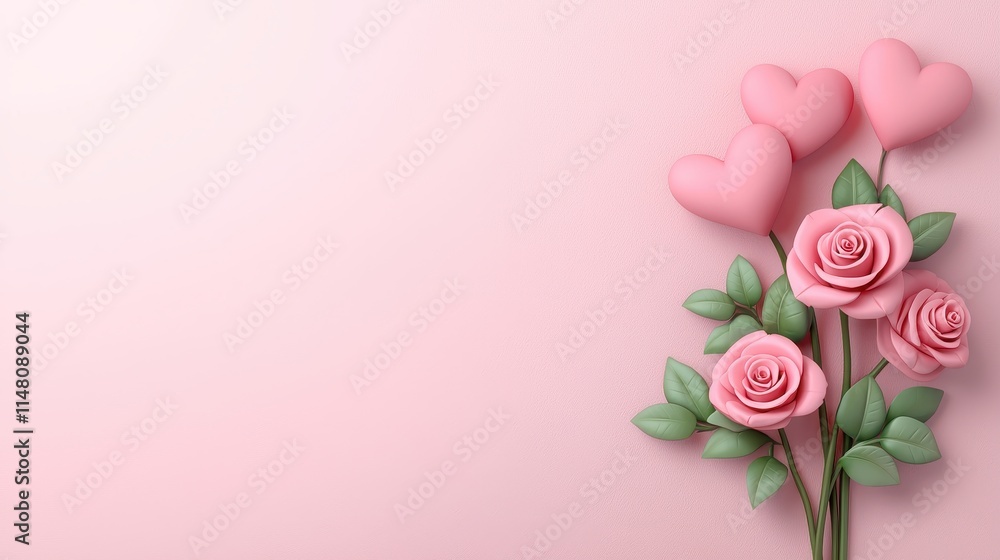 Romantic Floral Arrangement with Hearts on a Soft Pink Background for Love and Celebration Romantic Floral Arrangement with Hearts on a Soft Pink Background for Love and Celebration