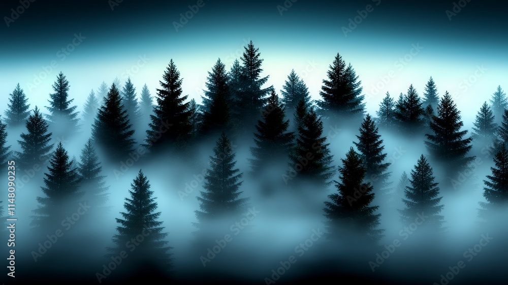 Obraz premium Misty Forest Foggy Pine Trees Atmospheric Nature Background