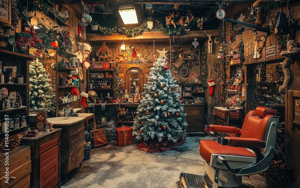 Obraz premium A cozy barbershop with a frosted Christmas tree in the corner, holiday garlands on the walls, and festive decor on the shelves