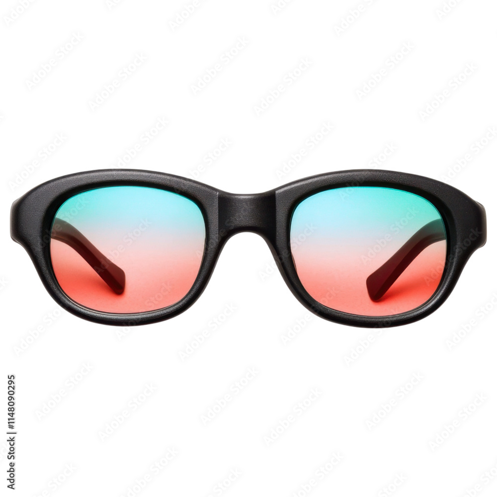 Stylish sunglasses featuring a unique gradient lens with shades of red and blue, white background, transparent background. Stylish sunglasses featuring a unique gradient lens with shades of red and blue, white background, transparent background.