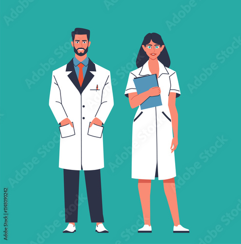 Doctor and a nurse in white coats on an isolated background. Modern flat cartoon illustration