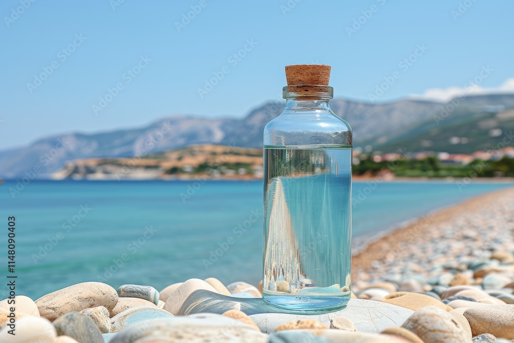 Glass bottle of water on pebbly beach with clear blue sea and mountains in the background during sunny day Glass bottle of water on pebbly beach with clear blue sea and mountains in the background during sunny day