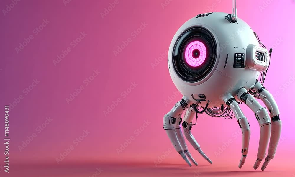 A robotic creature with a large eye and mechanical limbs against a pastel background. A robotic creature with a large eye and mechanical limbs against a pastel background.