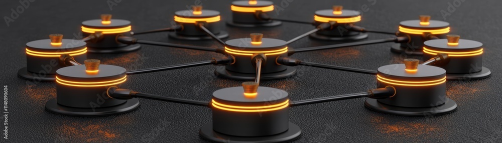 Obraz premium A futuristic network diagram featuring interconnected nodes with glowing orange accents on a dark surface, 3D visualization of glowing CI pipelines
