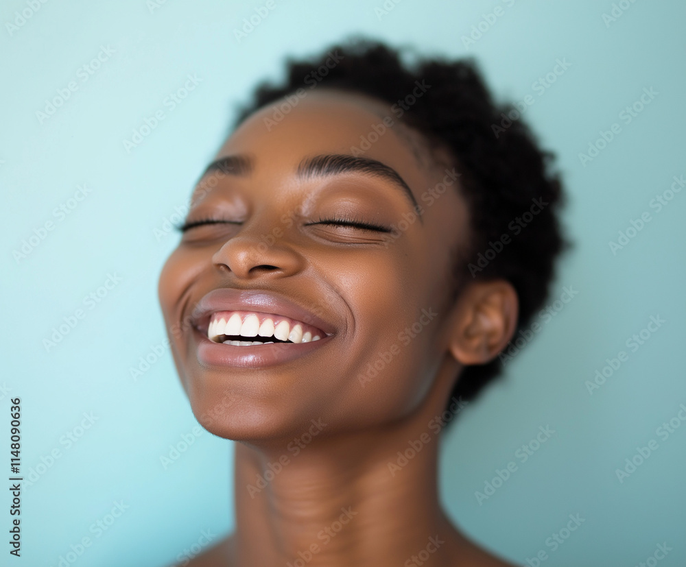 Young black woman smiling with eyes closed on turquoise background Young black woman smiling with eyes closed on turquoise background
