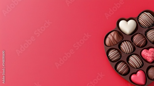 Heart-shaped box filled with assorted chocolates on a vibrant red background for Valentine’s Day