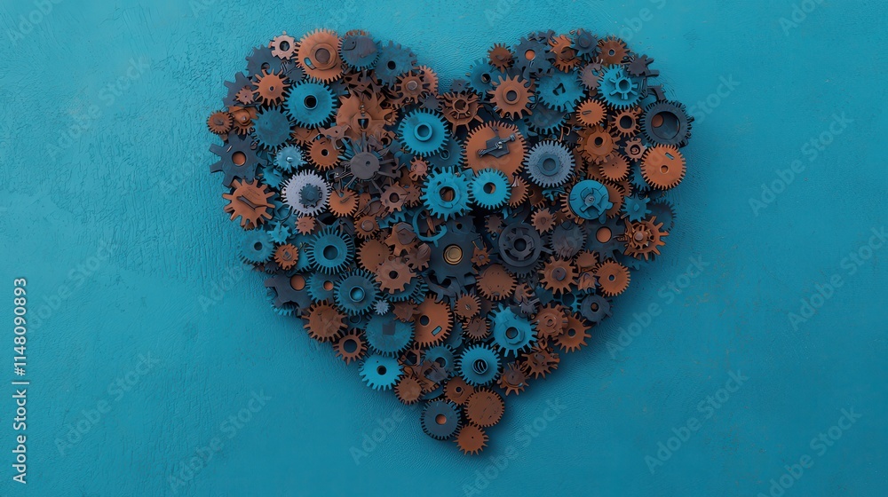 Artistic Heart Shape Design Composed of Metal Gears on a Bright Blue Background Artistic Heart Shape Design Composed of Metal Gears on a Bright Blue Background