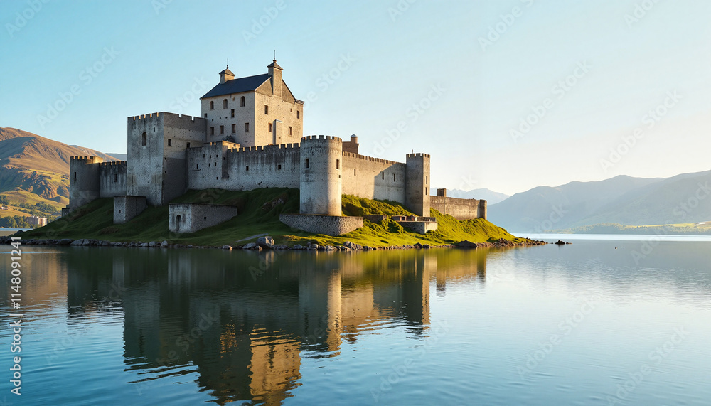 Obraz premium Medieval castle reflected in a tranquil lake under clear blue sky