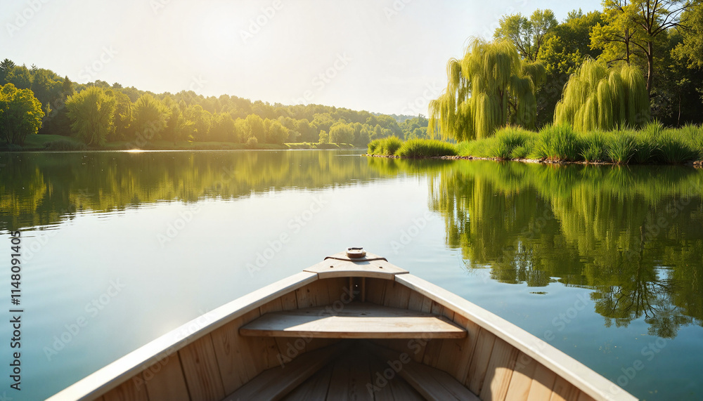 Wooden boat on a serene lake surrounded by lush greenery
Wooden boat on a serene lake surrounded by lush greenery