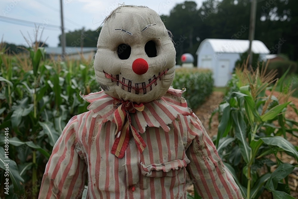 Scarecrow stands in cornfield with rustic charm and playful expression during sunny afternoon Scarecrow stands in cornfield with rustic charm and playful expression during sunny afternoon