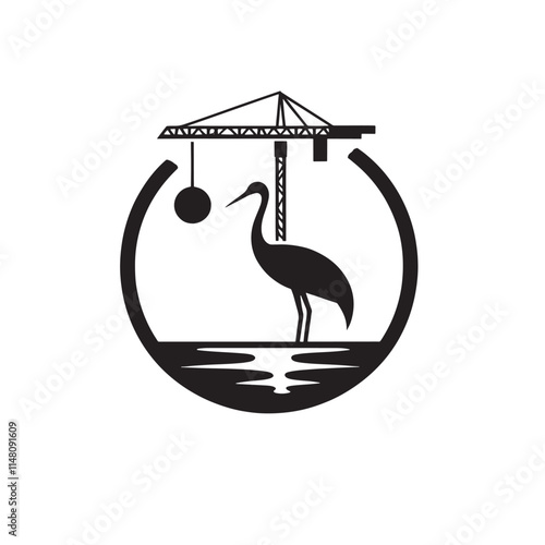 Crane, bird, and wrecking ball icon.