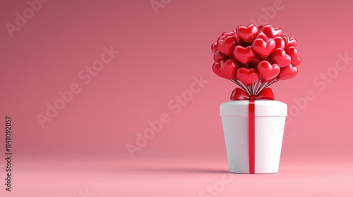 Heart-Shaped Balloons in a White Pot with a Red Ribbon on a Soft Pink Background