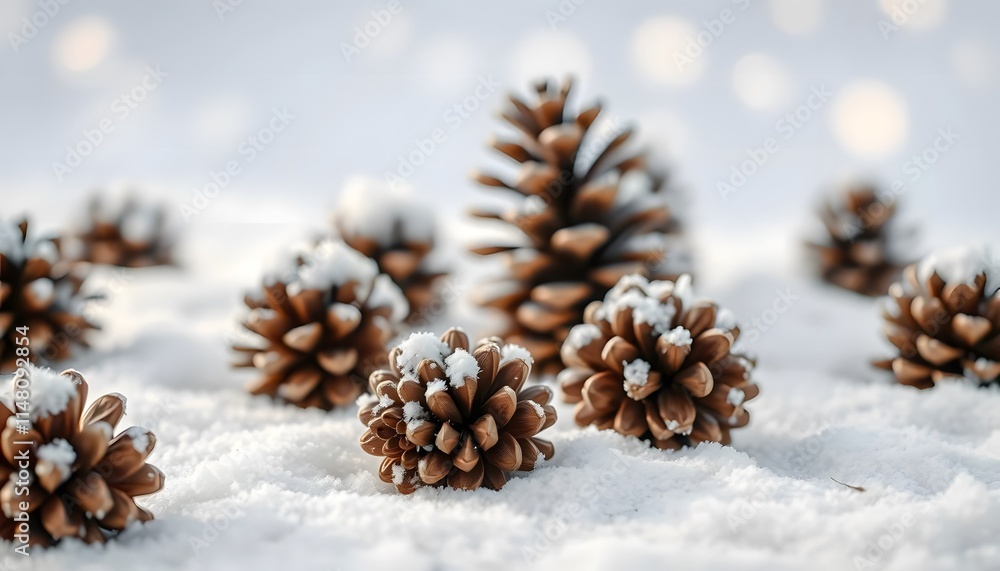 Snow Covered Pine Cones Winter Scene Soft Light Background Snow Covered Pine Cones Winter Scene Soft Light Background