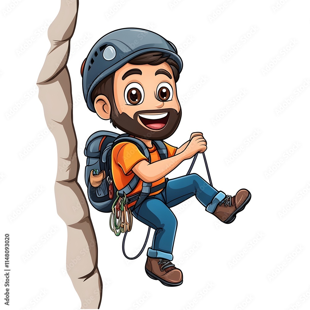 Cartoon Climber Descending Rock Face with Safety Gear and Smile Cartoon Climber Descending Rock Face with Safety Gear and Smile