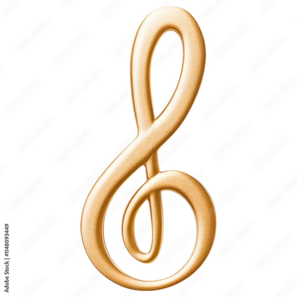 A stylized golden treble clef symbol representing music and melody, white background, transparent background. A stylized golden treble clef symbol representing music and melody, white background, transparent background.