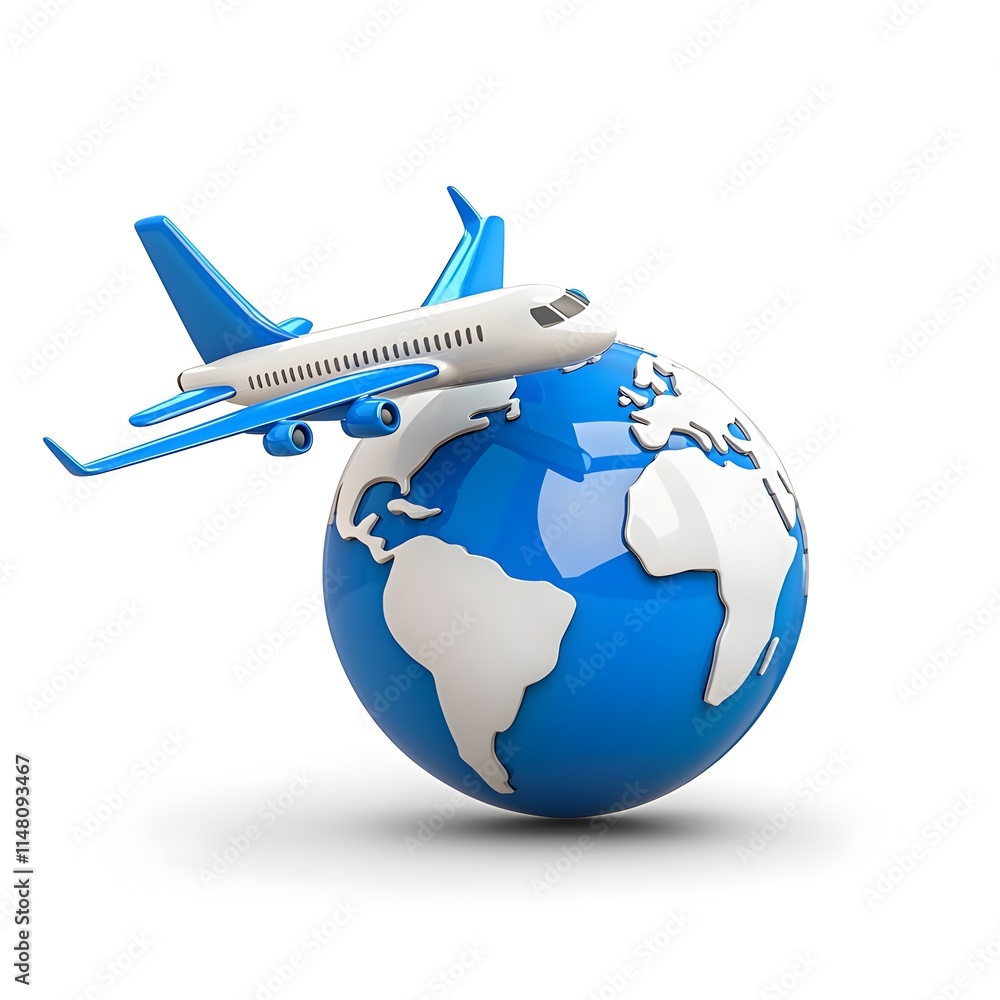 Fototapeta premium Blue Airplane Flying Above Globe in Travel Concept Image