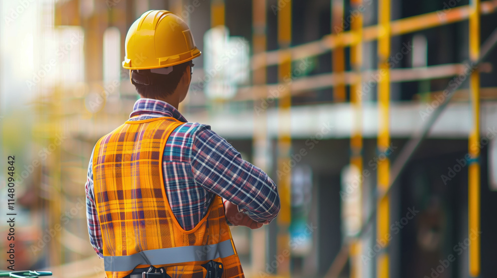 Construction Worker Overseeing Building Site with Safety Gear in High-Visibility Vest and Hard Hat Construction Worker Overseeing Building Site with Safety Gear in High-Visibility Vest and Hard Hat