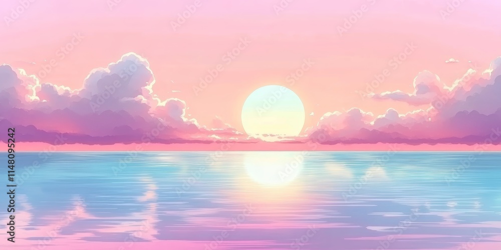 A beautiful pink and purple sky with a large sun in the middle. The sun is reflected in the water