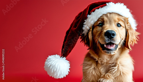 Adorable Golden Retriever puppy wearing a Santa hat against a red background. Perfect for Christmas cards, pet related content, and holiday themes. photo