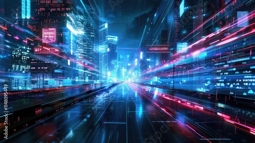 Futuristic cityscape with holographic data streams