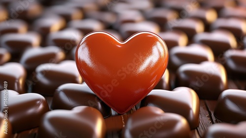 Red Heart Chocolate on a Background of Brown Chocolate Hearts for Valentine's Day Celebration