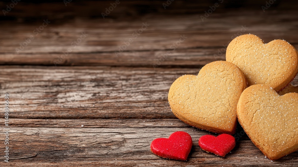 Obraz premium Heart-Shaped Cookies and Red Hearts on a Rustic Wooden Surface for Valentine's Day Decoration