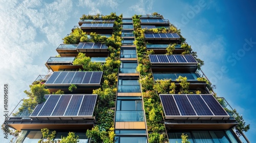 A high-rise apartment building with balconies equipped with solar panels, exemplifying vertical integration of renewable energy solutions in urban living.