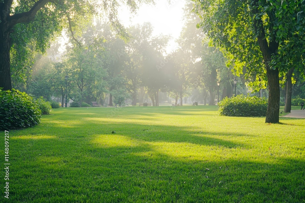 Green lawn with trimmed grass in the morning park. Green lawn with trimmed grass in the morning park.