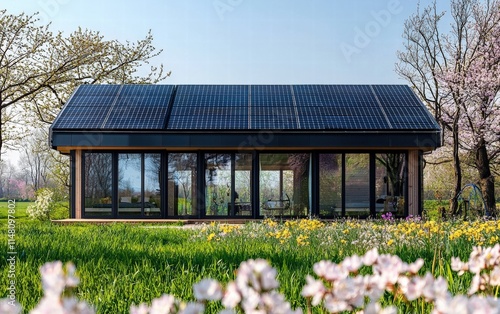 A minimalist eco-home with solar panels, surrounded by blooming spring flowers and fresh grass