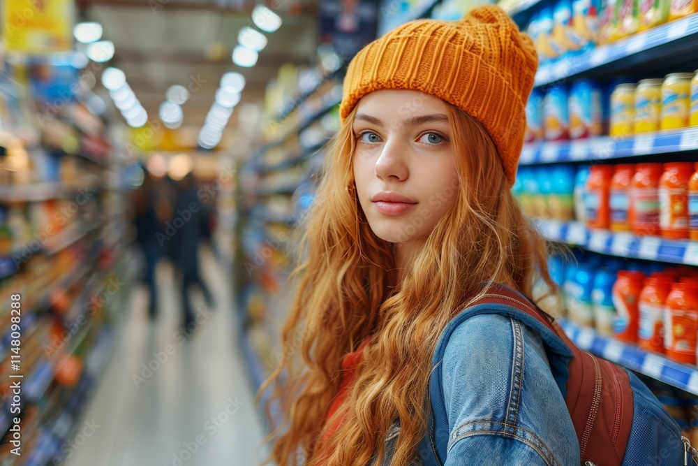 Young woman with long red hair and orange beanie shopping in a grocery store aisle filled with colorful products Young woman with long red hair and orange beanie shopping in a grocery store aisle filled with colorful products