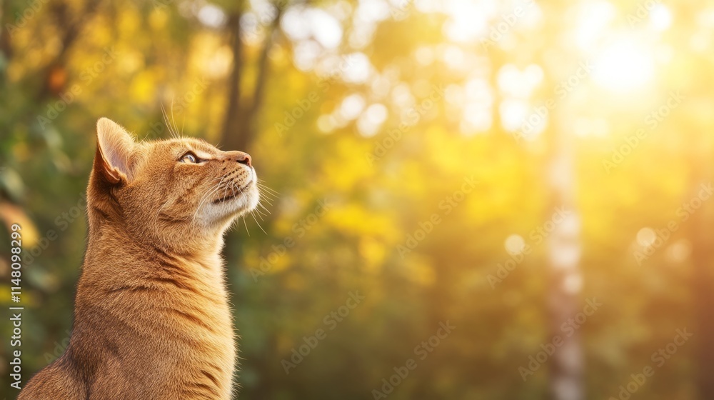 Fototapeta premium Golden Cat Gazing at Autumn Sunlight in Forest
