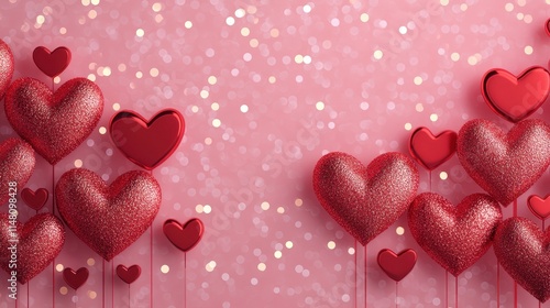 Heart Shapes on Pink Background with Glitter and Bokeh Effect for Valentine's Day Celebration